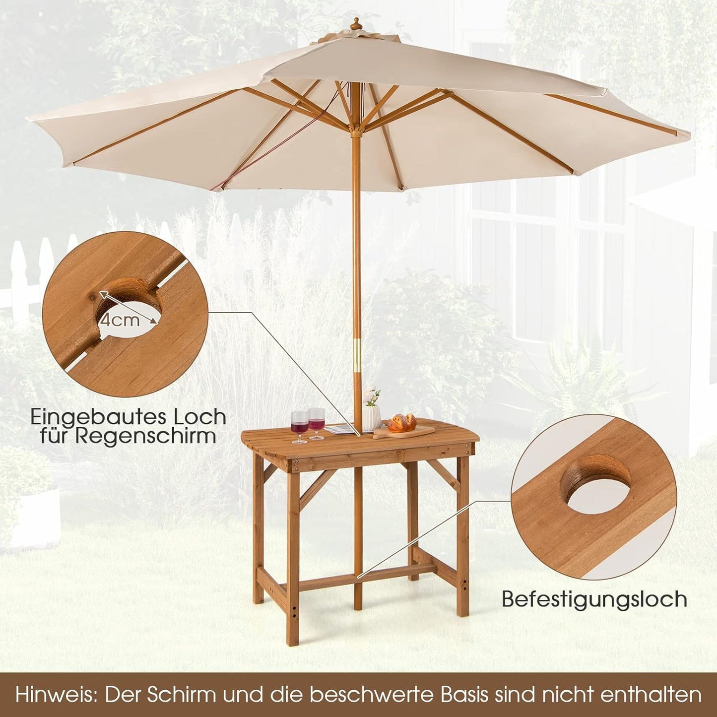 Solid Wood Garden Table, Dining Table with Umbrella Hole, Patio Table, Wooden Table for Backyard, Garden, 100 x 60 x 75 cm