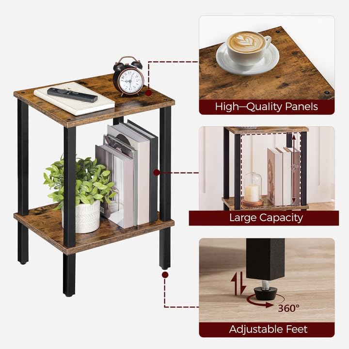 Side Table, Small Table, Narrow Coffee Table, Bedside Table with 2 Levels, Industrial Style, Wood Frame, for Living Room, Bedroom, Office, Vintage Brown and Black, AETHR7901N1