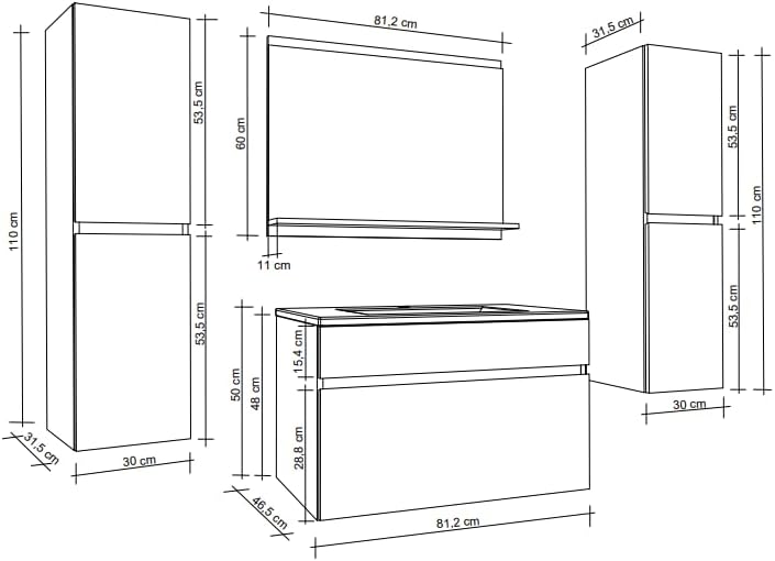 Bathroom Furniture Set Oak / White High Gloss Vanity Unit with Sink 2 x Tall Cabinets Mirror with Shelf