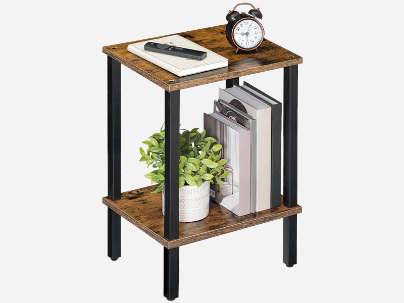 Side Table, Small Table, Narrow Coffee Table, Bedside Table with 2 Levels, Industrial Style, Wood Frame, for Living Room, Bedroom, Office, Vintage Brown and Black, AETHR7901N1