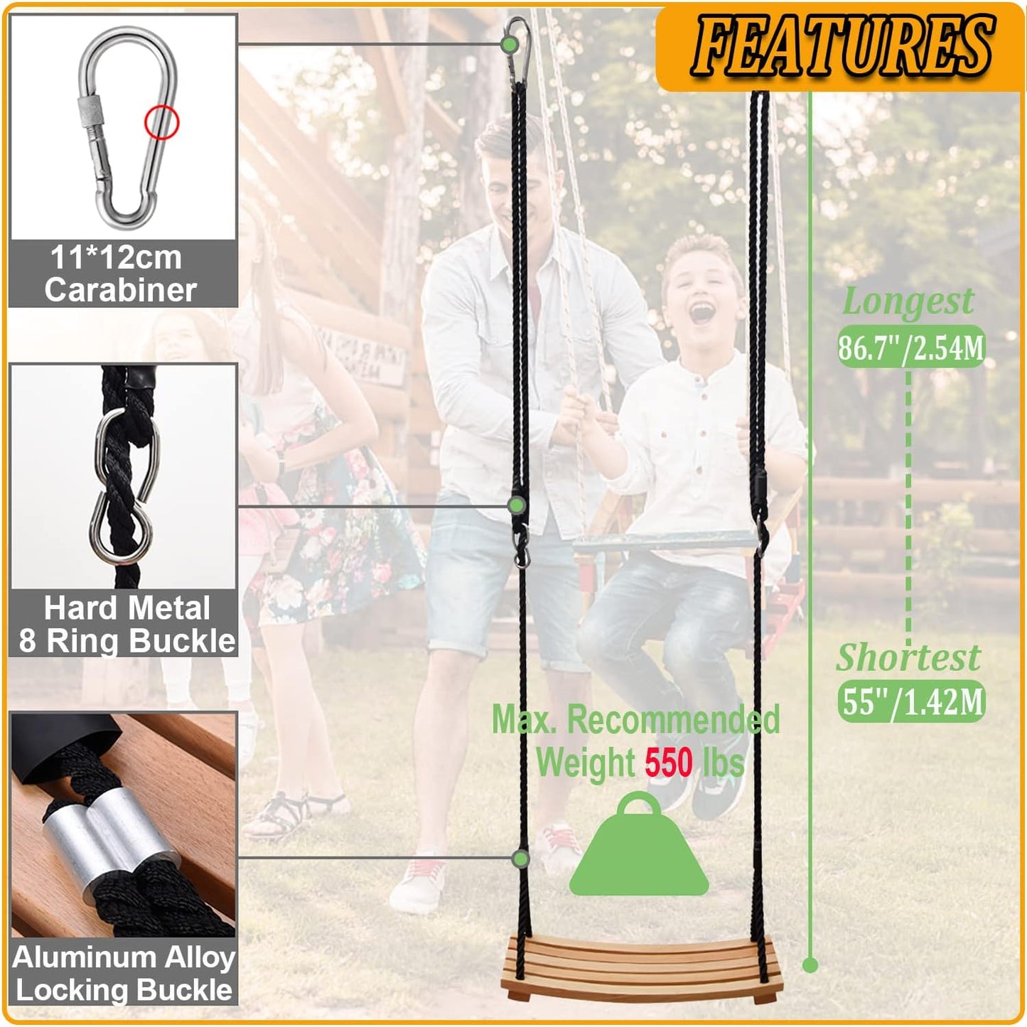 Taeku Wooden Swing, Adult Board Swing, Playground, Garden Swing, Children's Swing with Height-Adjustable Rope for Indoor and Outdoor Use (56 x 25 cm)