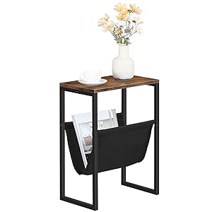 Side Table Narrow Bedside Table with Fabric Magazine Sling, Sofa Table, Suitable for Small Spaces, Bedroom, Living Room, Office, Dark Brown EUBF66BZ01