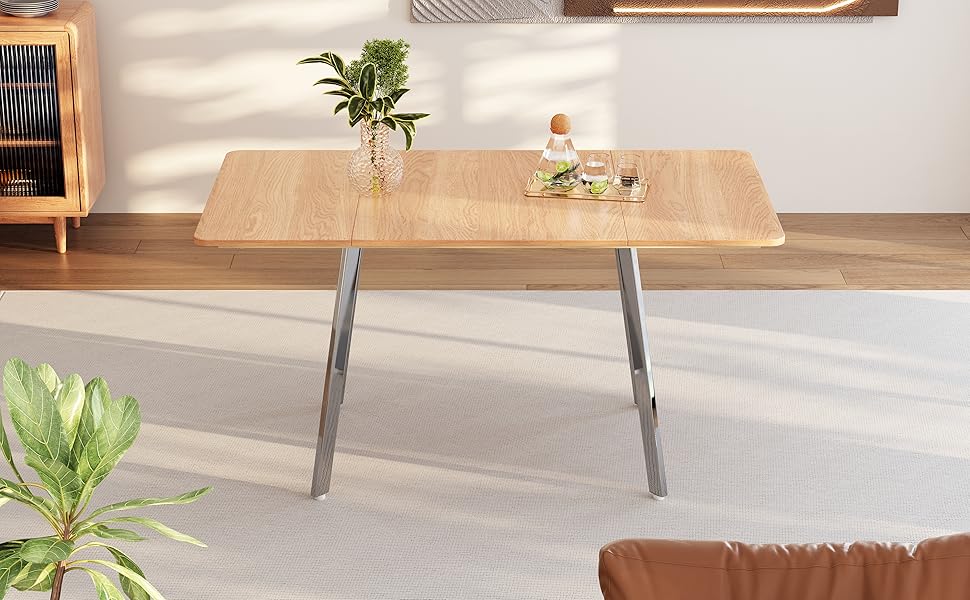 Dining Table 140 x 80 cm, Rectangular Modern Industrial Dining Table, for 4-6 People, Silver Chromed Legs, Suitable for Restaurant, Living Room, Kitchen, Living Room, Oak/Silver