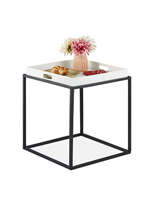 Side Table, Storage Table with Serving Tray, Height 47 x 42 x 42 cm, Steel, Square Sofa Table, White/Black