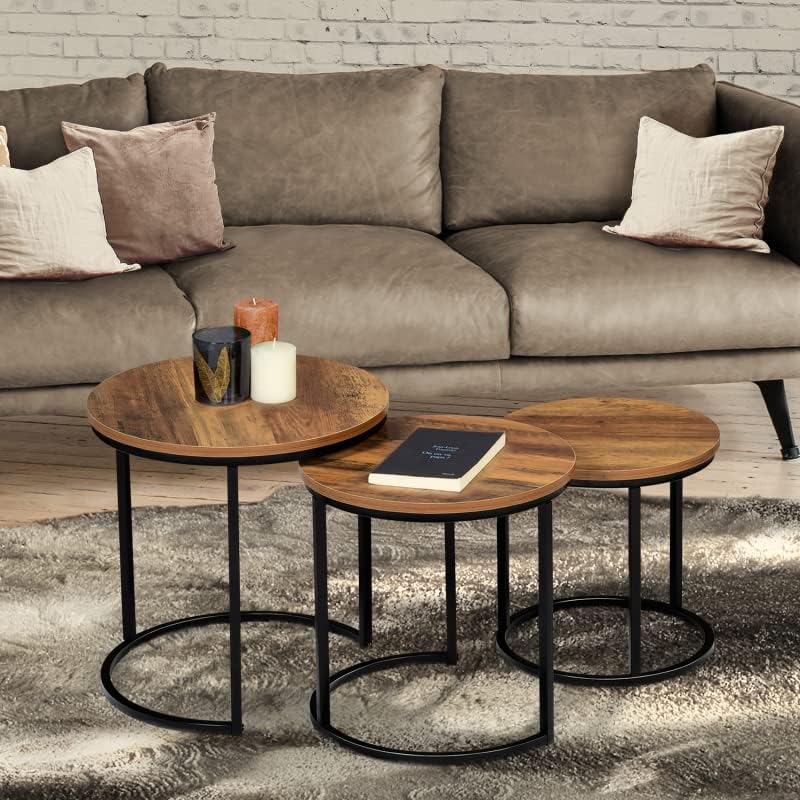 Hawkins 30/40/45cm Dark Wood Industrial Round Coffee Table, Set of 3