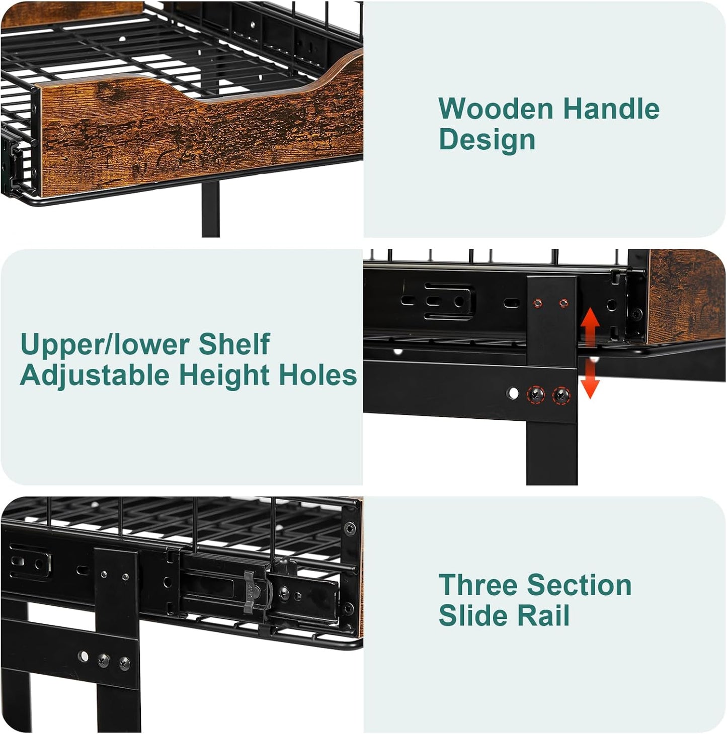 2 Tier Pull Out Cabinet Organizer 16" W X 21" D,Height Adjustable Slide Out Drawers for Kitchen Cabinets with Wooden Handle,Heavy-Duty Cabinet Pull Out Shelves for Pantry,Under Sink