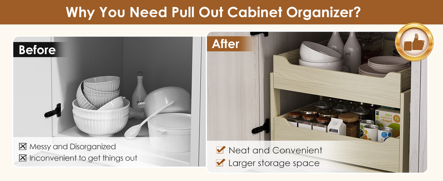 Adjustable Height Wood Pull Out Organizer 7.5” W × 21.5” D Smooth Pull Out Drawers for Cabinets 3 Tier Slide Out Drawers for Kitchen Cabinets Under Sink Wood