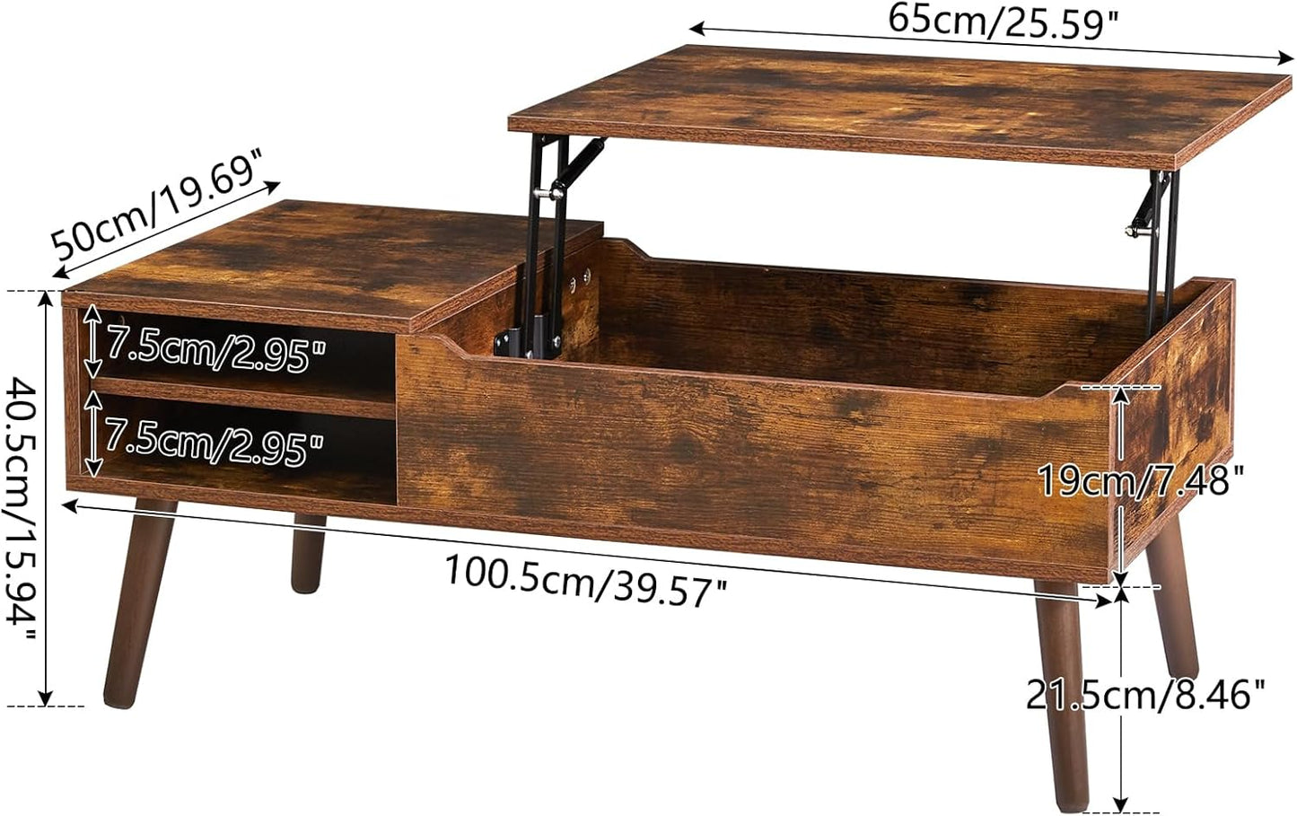 Coffee Table, Coffee Table, Height Adjustable, Top Coffee Table, Extendable Living Room Table, Separate Hidden Storage Compartment, for Living Room, Office, Vintage Brown WCT001H