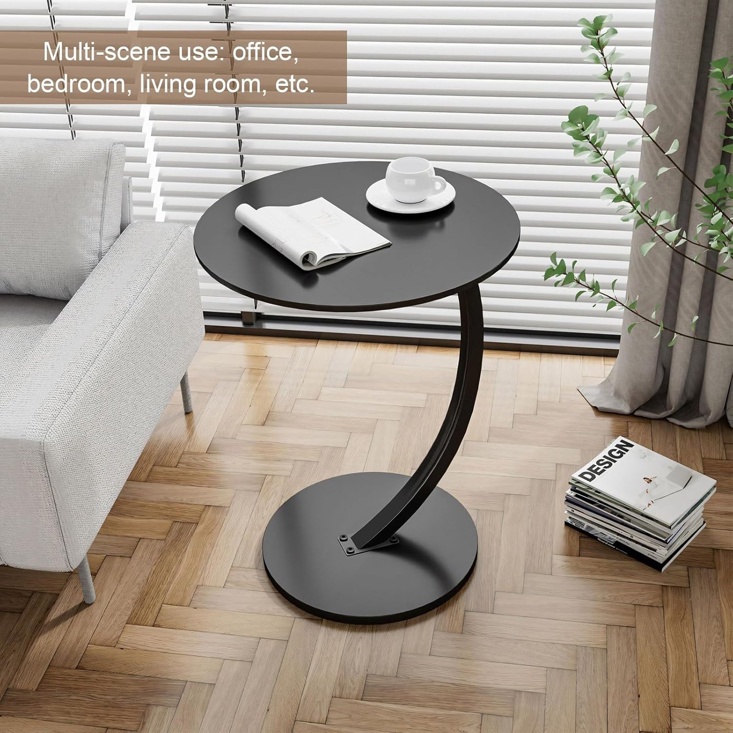 Gemsaya Side Table C Shape, Black Round Wood Table with Metal Frame, Mobile Sofa Table Top Diameter 40 cm, Height 62 cm, Modern Round Coffee Table Small for Living Room, Bedroom