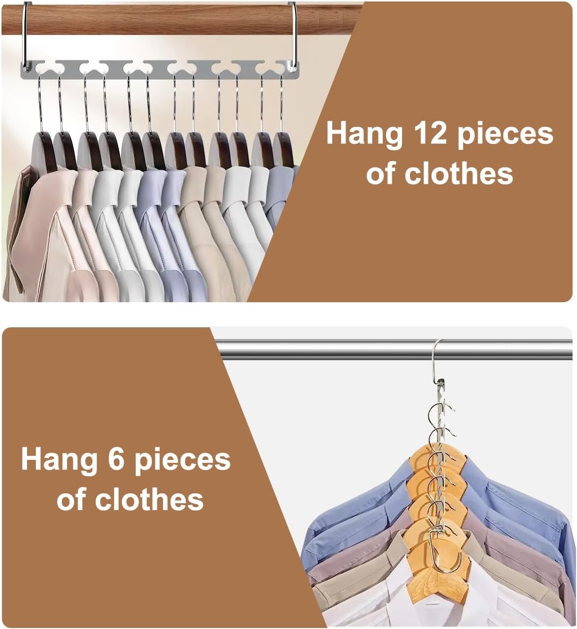 Clothes Hangers, Set of 6 Space Max Space-Saving Hangers, Stainless Steel, Silver, Multiple Hangers, Connecting Hooks, Multipurpose Hangers, Metal Wardrobe Organiser for Trousers, Jeans, Suit