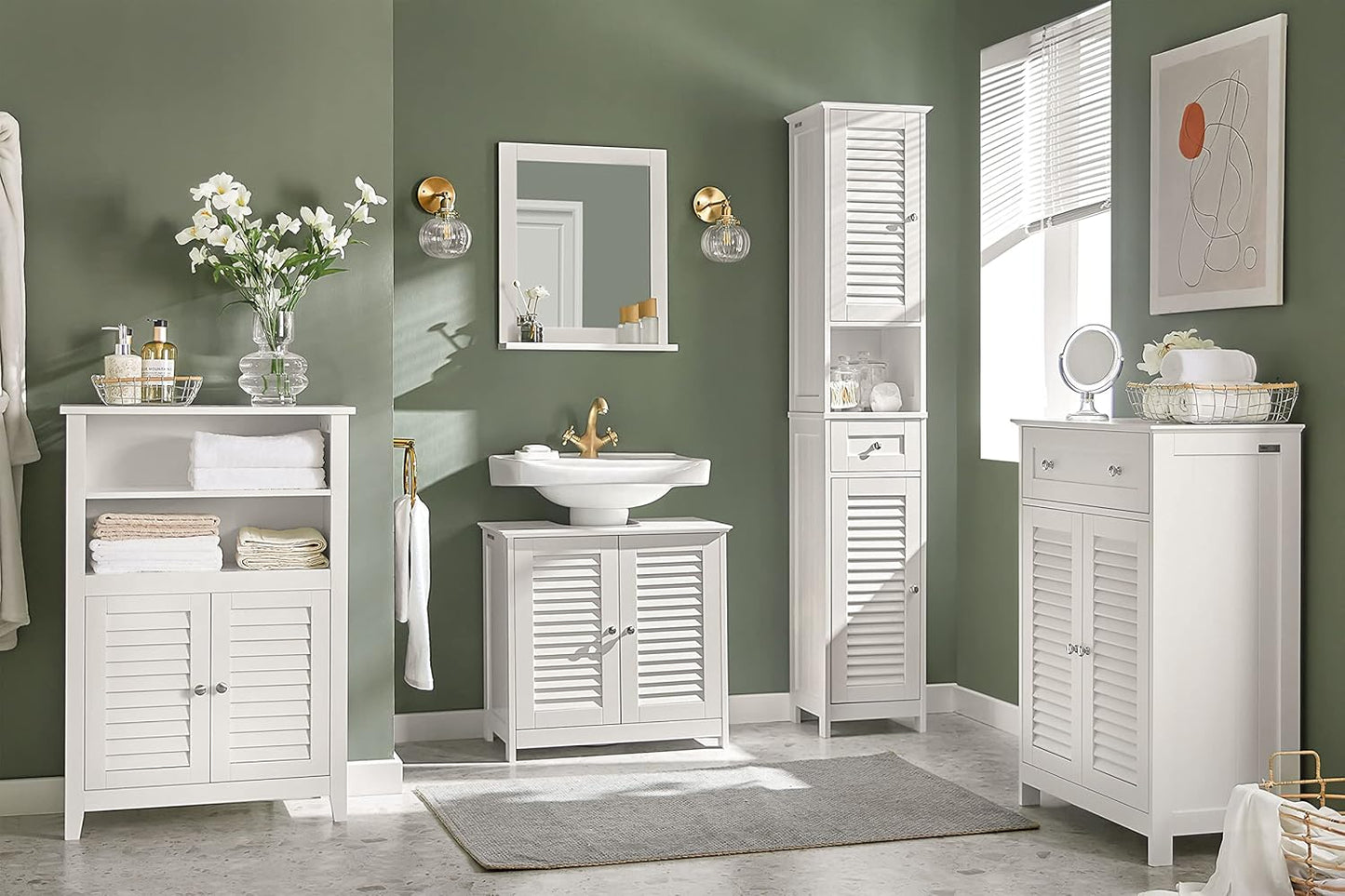 Bathroom Cabinet with Two Shelves and Doors, Chest of Drawers for Bathroom, Sideboard, Hallway Cabinet, Bathroom Furniture, White, W x H x D: 60 x 90 x 26 cm