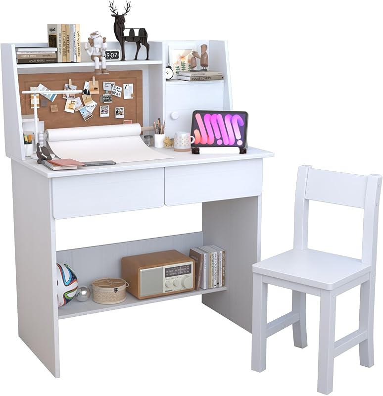 White Kids Desk and Chair Set for 5-12 Year Old, Childrens Drawing Desk with Wooden Tabletop Paper Roll Dispenser, Kids Study Table with Drawers and Storage Shelf-rd30