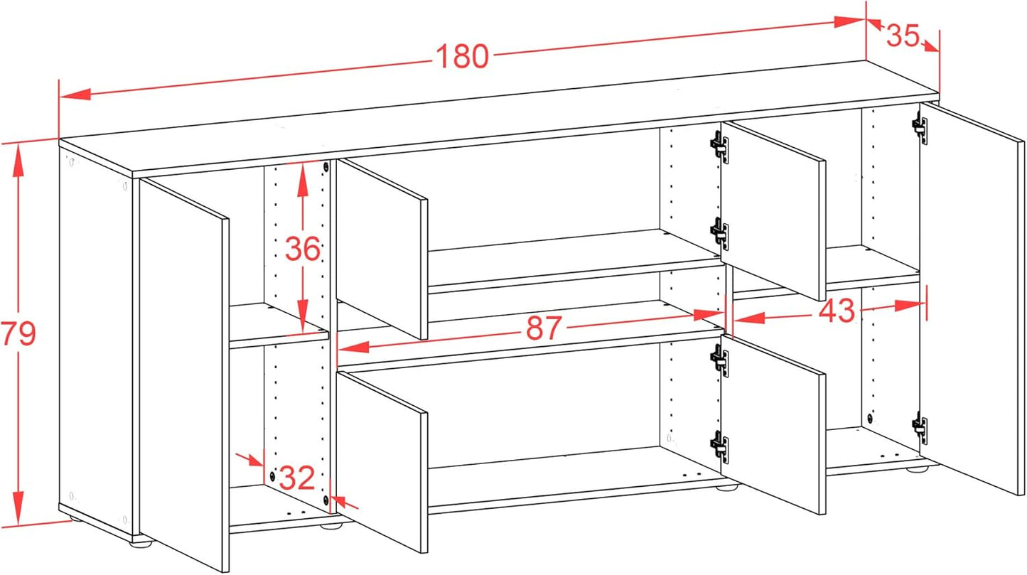 Farina Sideboard - Body White Matt - Front Concrete Look (180 x 79 x 35 cm) Push-to-Open Technology