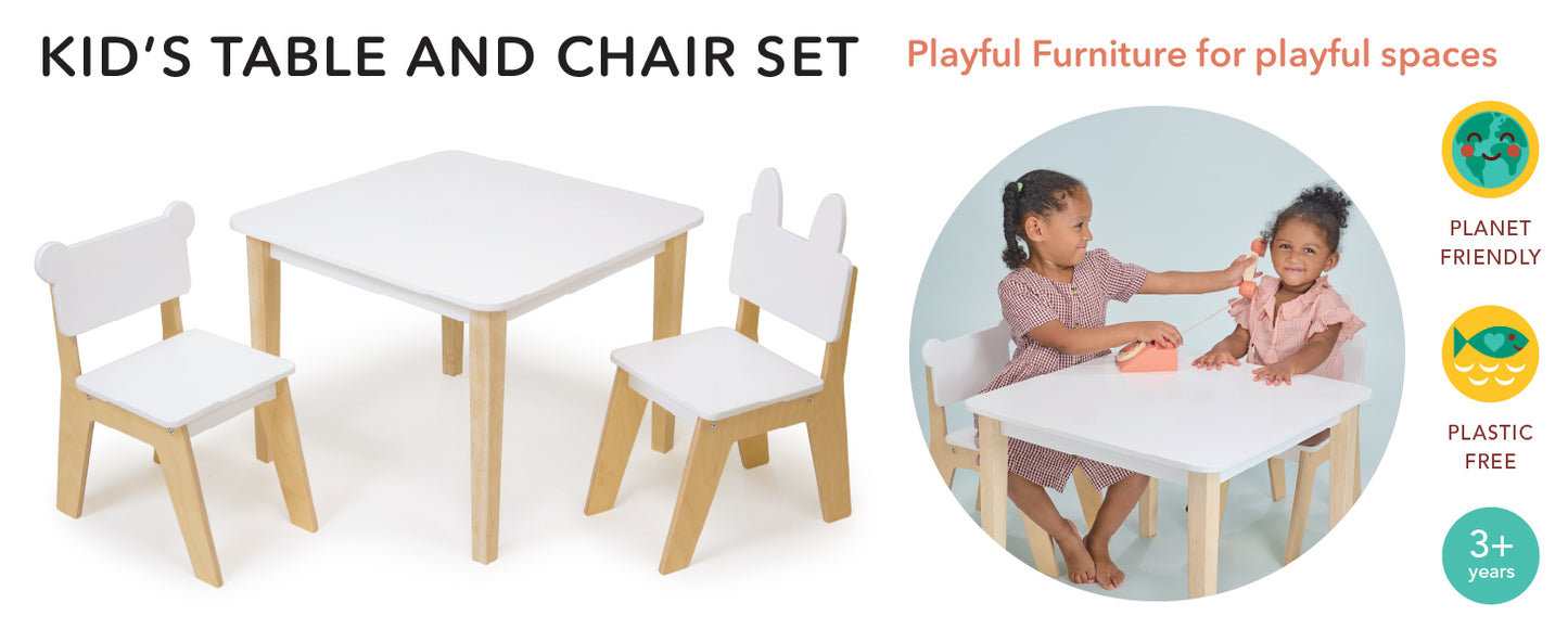 Mentari Toys - Kid’s Table and Chair Set - Wooden Easy Clean Table and 2 Animal Themed Chairs - Children’s Playroom, Classroom Furniture - Sturdy Set for Play and Learning - Age 3+