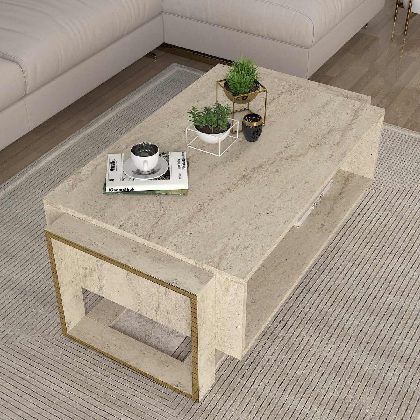 moebel17 2482 Coffee Table Sofa Table Living Room Table for Living Room, Wood, Beige Granite Look, High Gloss, Storage Compartments, Lots of Storage Space, Designer Table, 107 x 41 x 60 cm