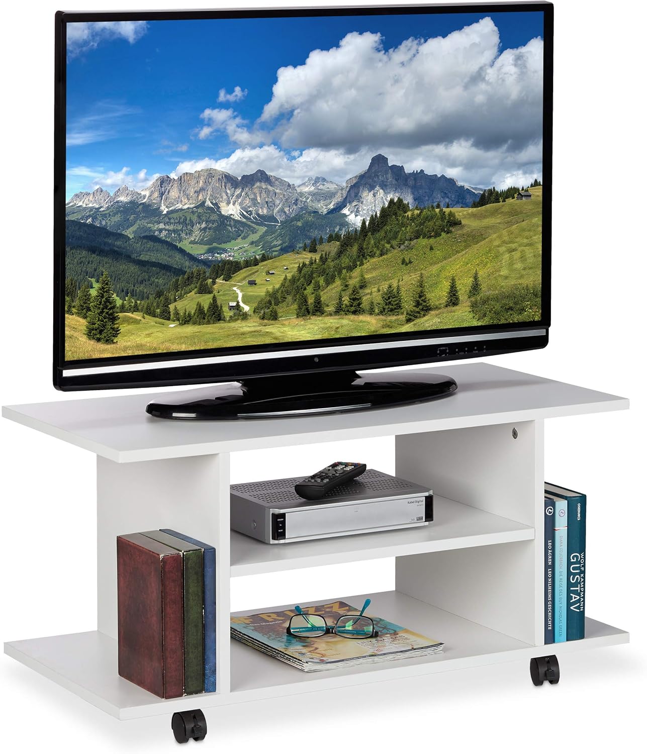 TV Board with Wheels, 4 Open Shelves, Mobile Coffee Table for Devices, CDs, DVDs, HBT 40 x 80 x 40 cm, White, Opulent Garden