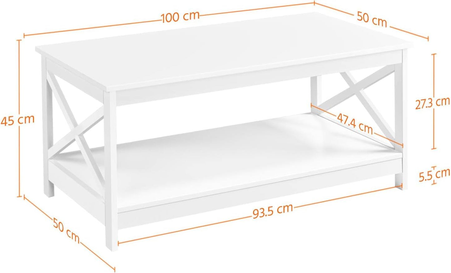 Coffee Table with 2 Shelves Sofa Table X-Shape Support Living Room Table Made of Wood Easy Assembly Modern Side Table for Living Room / Balcony / Office 100 x 50 x 45 cm White