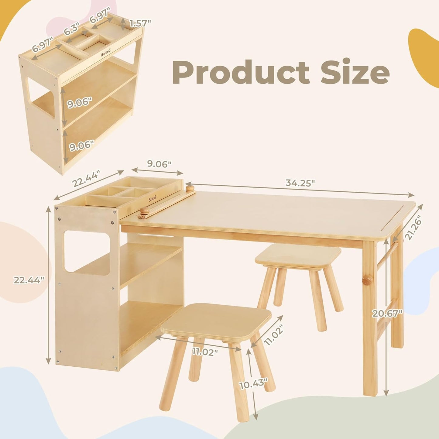 Kids Art Table & 2 Chairs Set with Roll Paper - Spacious Craft Table with Storage Shelves for Drawing, Activities, and Study - Ideal Wooden Furniture for Creative Play