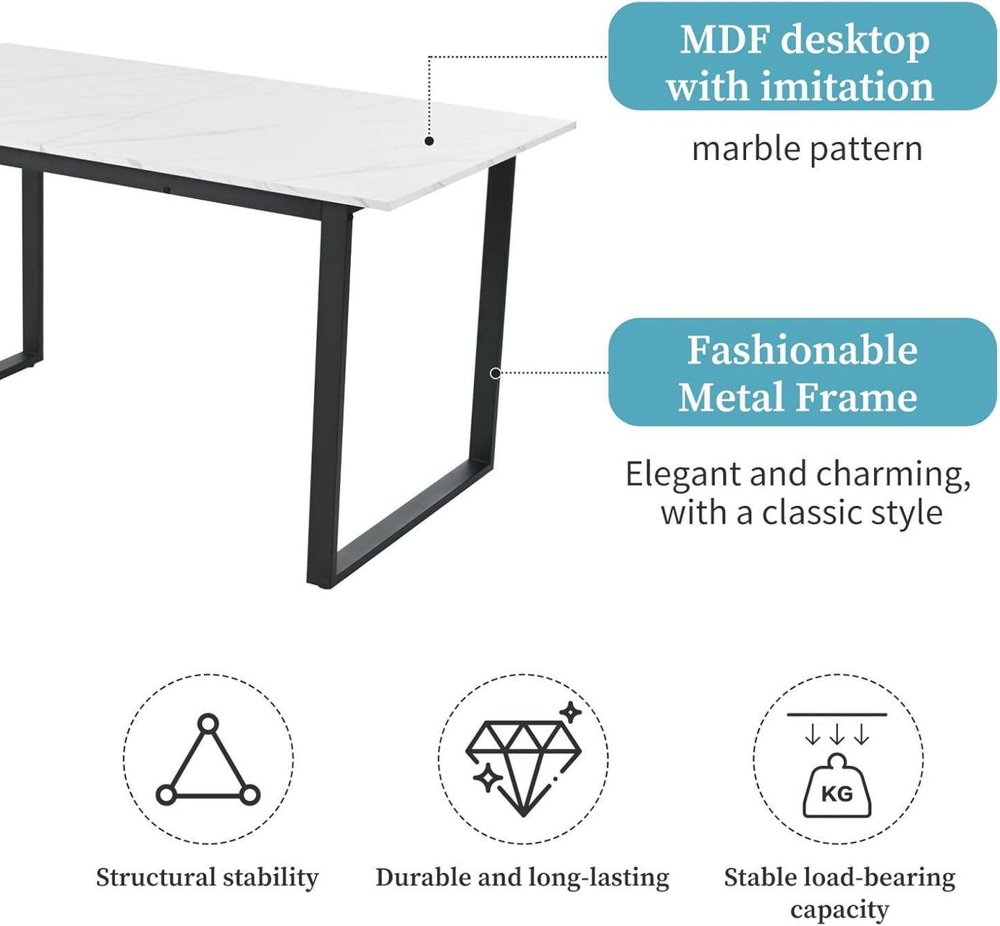 Extendable Dining Table (140/180 x 80 x 75 cm), Kitchen Table with Marble Patterns, White MDF Table Top, Extendable Table, Double Use for Home and Office