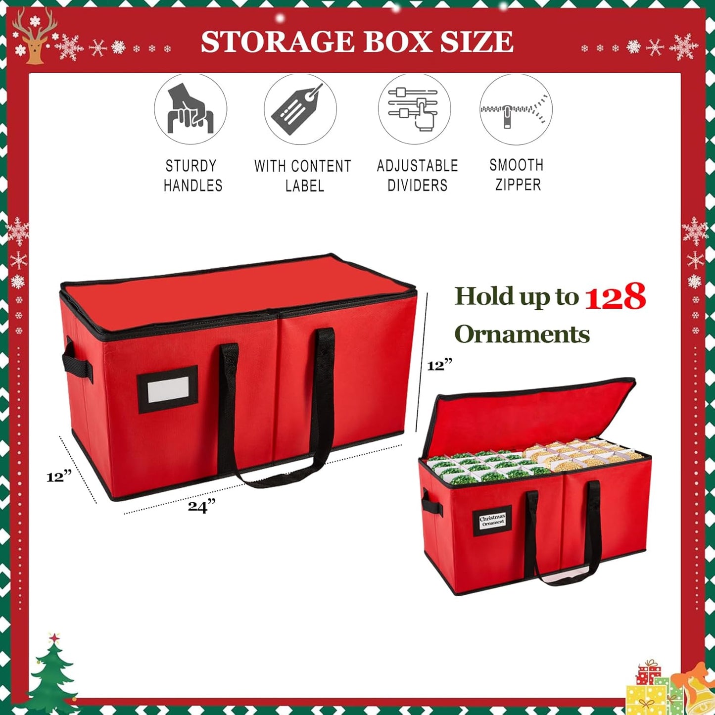 Red Christmas Ornament Storage Box, Ornament Storage Container Keeps 128 Holiday Christmas Ornaments 2.8-Inch, 600D Oxford 24" x 12" x 12" Organizer