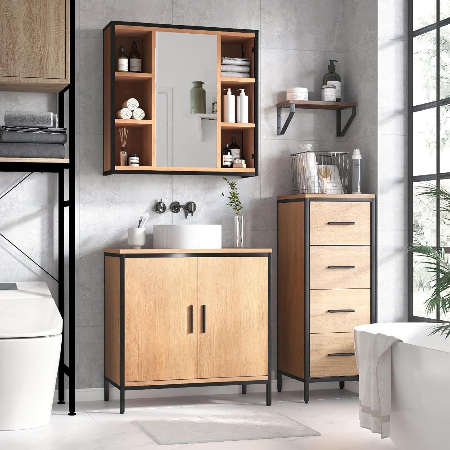 Bathroom Furniture Set, Bathroom Cabinet with Height-Adjustable Divider, Bathroom Cabinet with 2 Mirrors, Chest of Drawers with 4 Drawers, Side Cabinet, Made of Wood Material, Light Oak Black