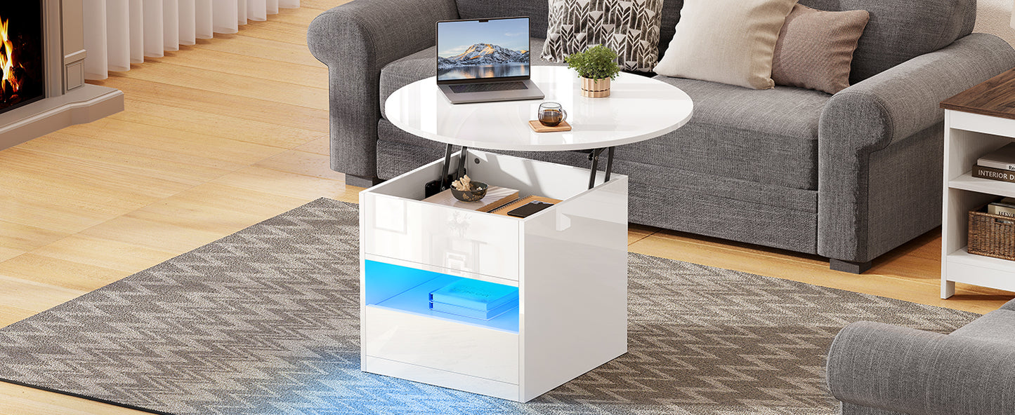 Coffee Table Height Adjustable Coffee Table Round with Lifting Plate, Living Room Table High Gloss with Hidden Storage Compartment and LED Lighting Modern, Side Table Round with 1 Drawer