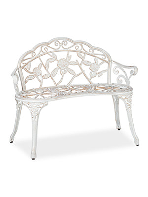 Garden Bench, 2 Seater, Roses, Patio, Balcony, Aluminium & Cast Iron, Antique Bench, 78 x 98 x 57 cm, White/Bronze