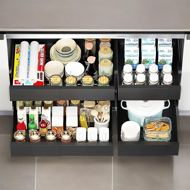 Pull out Cabinet Organizer, Expandable(12.6"-20.5"), 20.5" Deepy Slide out Drawers Fixed with Adhesive Nano Film for Pots, Roll out Shelf Storage for Kitchen (White_20.5''Deep)