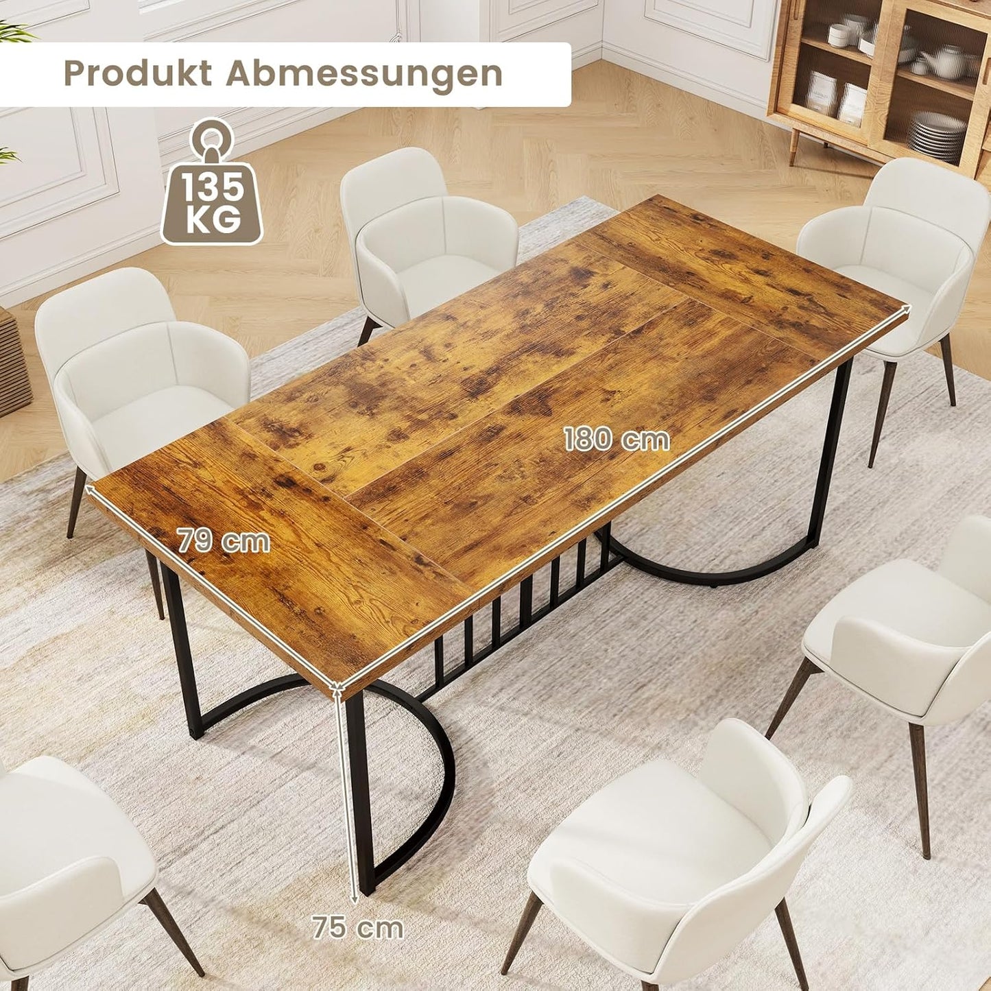 Esszimmertisch, 180 x 79 cm, rechteckiger Küchentisch aus Holz und Metall, bis 135 kg, Esstisch für 6-8 Personen, großer Tisch für Esszimmer, Wohnzimmer, Restaurant, Braun+schwarz