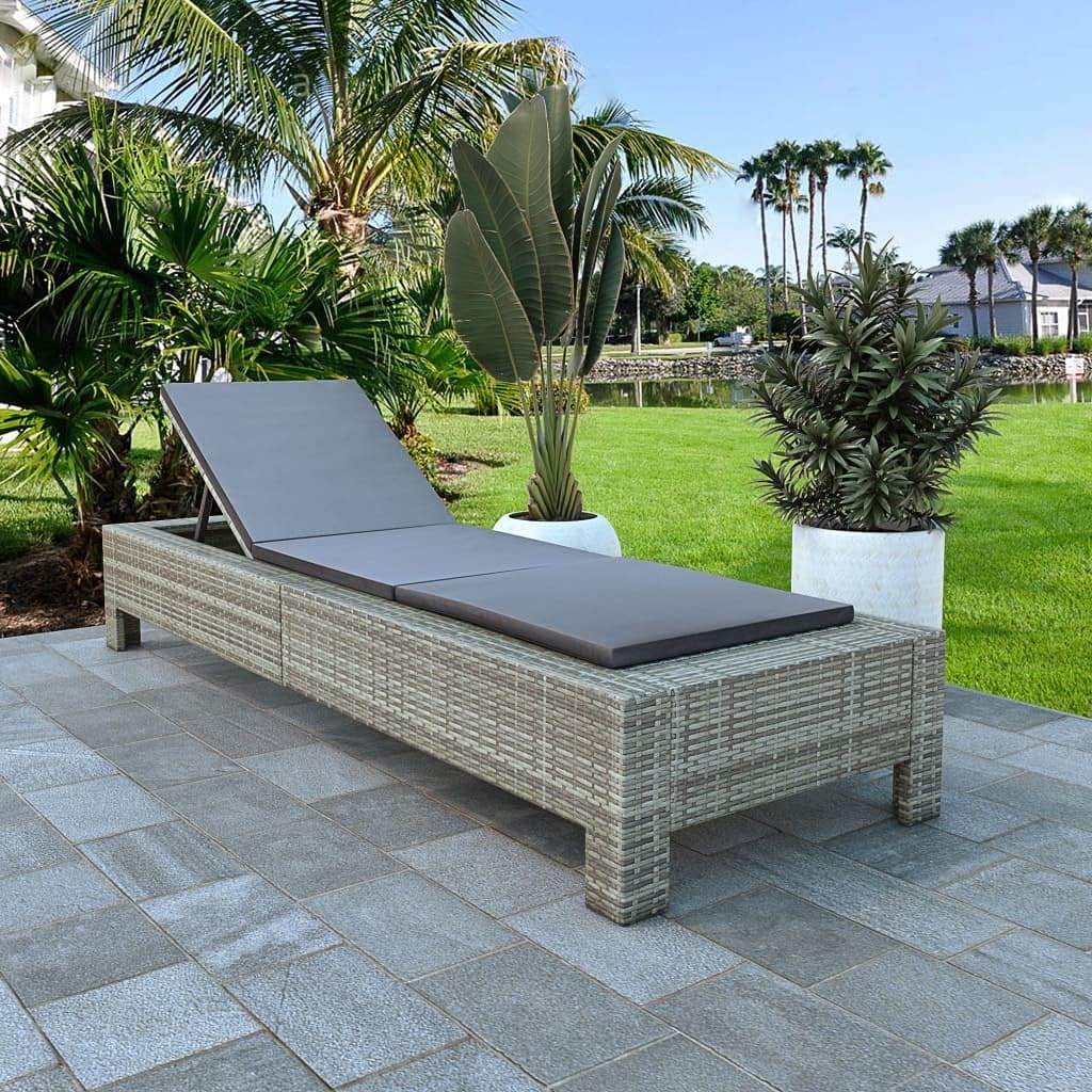 Sun Lounger with Cushion Poly Rattan Sun Lounger Outdoor Garden Lounger Recliner Leisure Lounger Beach Lounger Garden Furniture Grey Poly Rattan