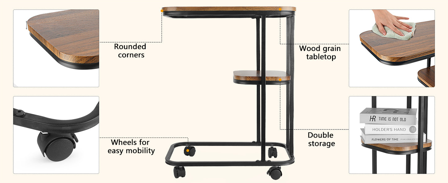 Side Table with Wheels | Side Table C Shape | Side Table Couch Have Metal Frame | Coffee Table Sofa Table | Industrial Design | Wooden Side Tables Small for Living Room Bedroom | Walnut