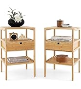 Nachttisch 2er Set, Nachtschrank mit 2 Rattan-Schublade, Nachtkonsole Holz, 40 x 40 x 56 cm, Beistelltisch für Wohnzimmer Schlafzimmer