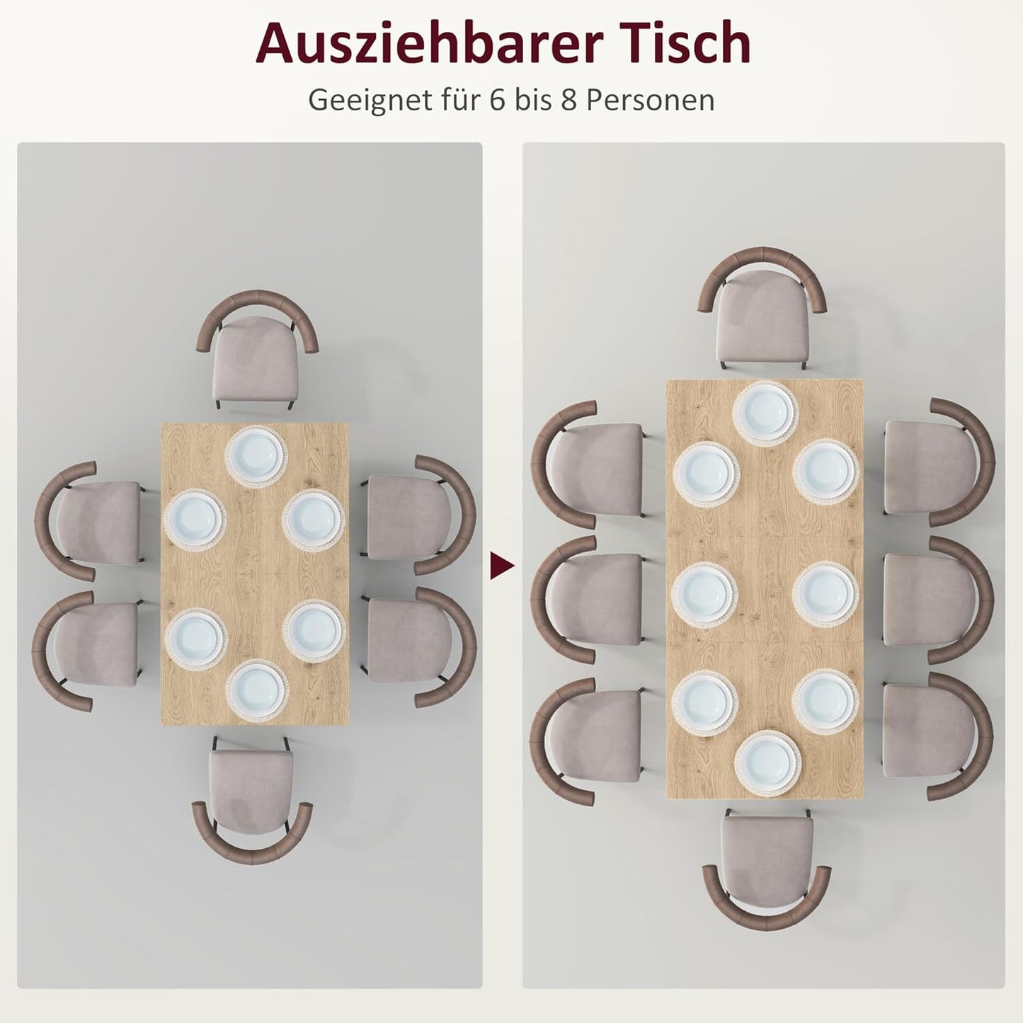 Esstisch ausziehbar 120/160 x 75 cm Küchentisch für 6-8 Personen, moderner Esszimmertisch mit Stahlbeine, Natur