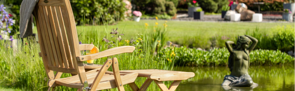 Garden Furniture Wooden Set 1x Teak Footstool Foldable 1x Teak High-Backed Chair Premium