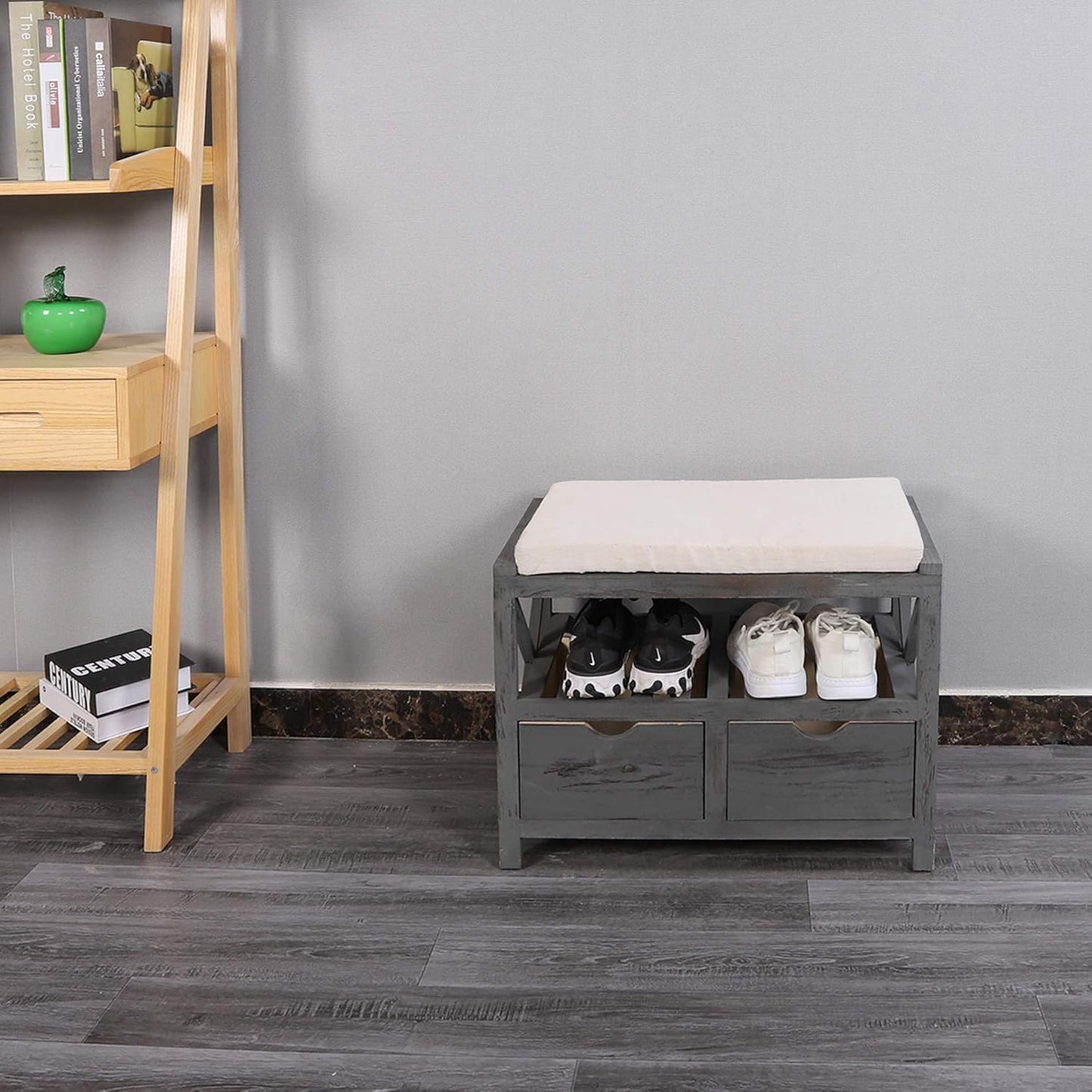 Mobili Hallway Bench with 2 Drawers 1 Shelf Storage Bench Grey Vintage Shabby Chic Bedroom Bathroom - Dimensions: 43 x 65 x 34 cm (H x L x W) - Item RE4551