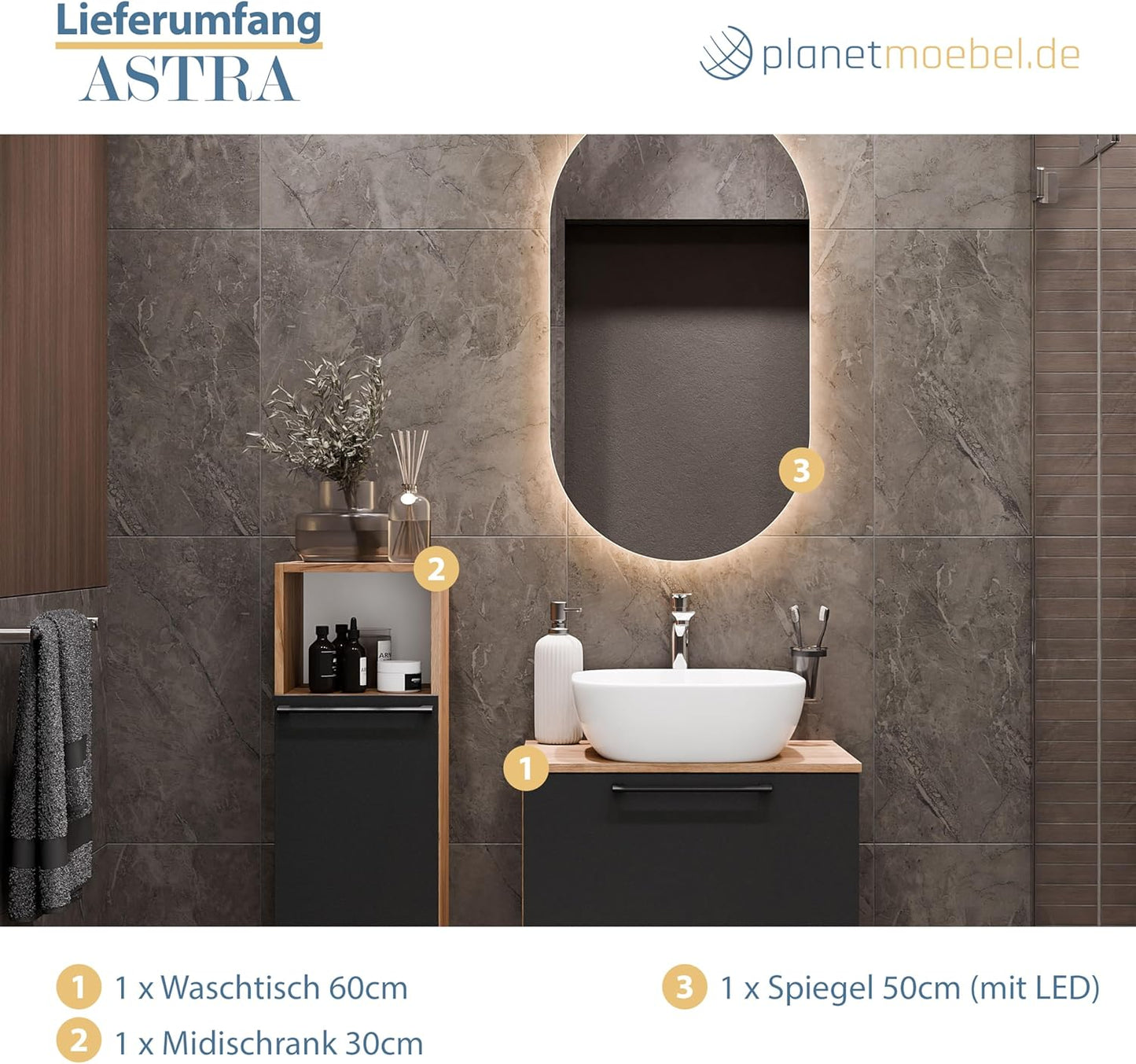 Planetmöbel Astra Bathroom Furniture Set with Wash Basin 60 cm with 1 x Midi Cabinet Gold Oak Anthracite, without Countertop Sink, Mirror (with LED) 50 cm