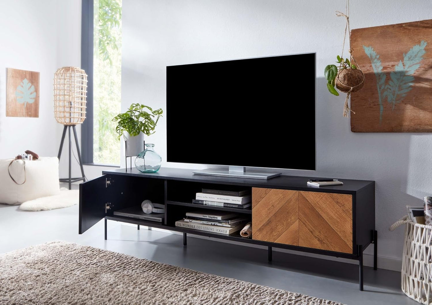 Lowboard Wood Black / Oak Decor 163 x 45 x 40 cm TV Chest of Drawers with Two Doors Design TV Cabinet Tall TV Cabinet Modern TV Chest of Drawers Living Room