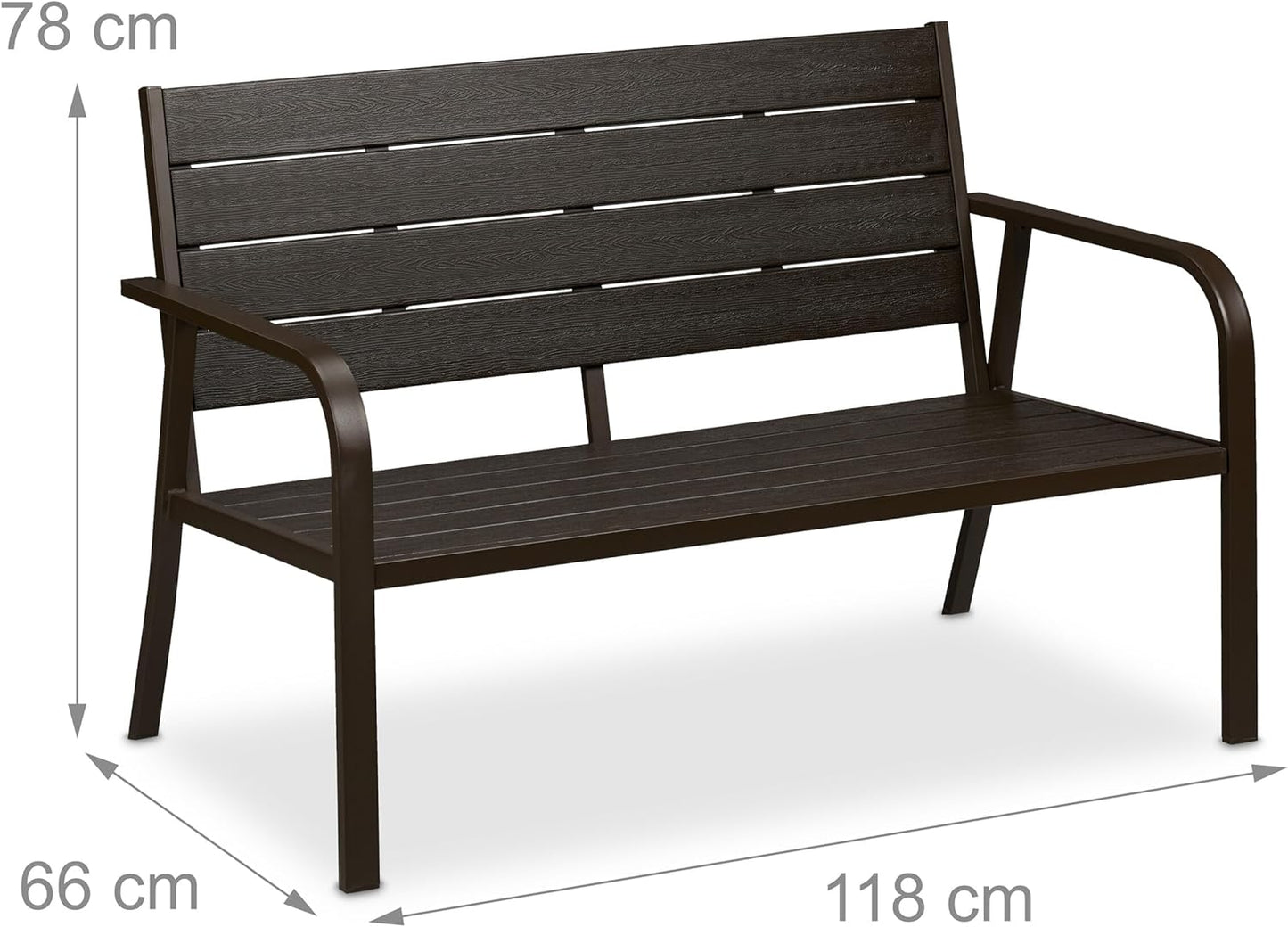 Garden Bench with Seat Cushion, Wood Look, HBT: 78 x 118 x 66 cm, 2-Seater, Sturdy Balcony Bench, Brown