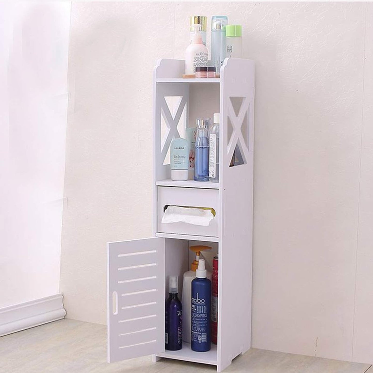 Bathroom Cabinet Narrow Tall Standing Bathroom Cabinet Bathroom Furniture Cabinet Toilet Cabinet with Toilet Paper Stand 80 x 15.5 x 15 cm White