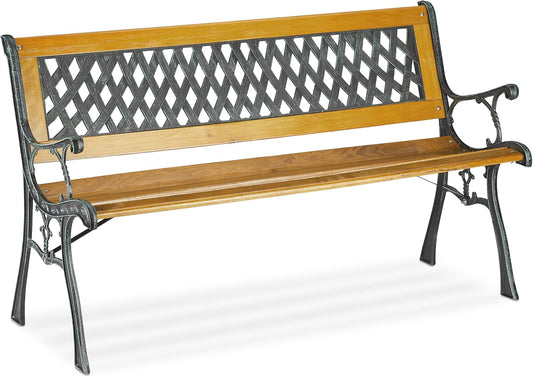 Garden Bench, 2 Seater, Wood & Cast Iron, Balcony & Patio, Rustic Bench, H x W x D: 73 x 125 x 52 cm, Natural/Green