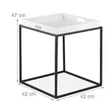 Side Table, Storage Table with Serving Tray, Height 47 x 42 x 42 cm, Steel, Square Sofa Table, White/Black