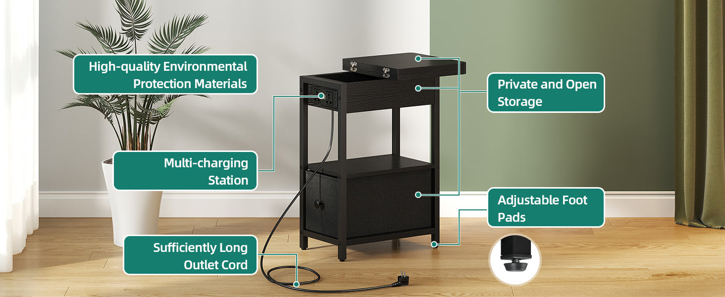 Side Table with Charging Station, Bedside Table with Charging Function, Small Bedside Table with 2 Sockets and 2 USB Ports, Modern Wood, Coffee Table, Coffee Table for Living Room, Bedroom