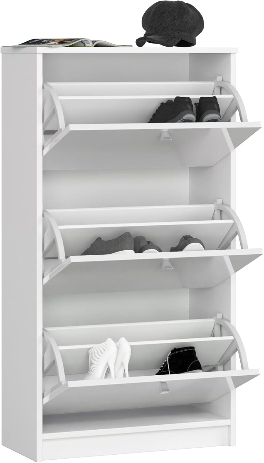 AKORD Shoe Cabinet with 3 Shoe Tipper | Shoe Rack Closed | Shoe Bench | Shoe Storage | W 60 x H 113 x D 28.5 cm, Weight 29 kg | Colour White/White Glossy