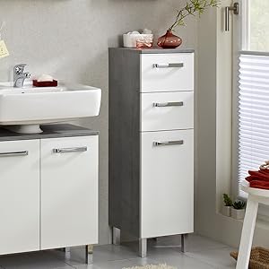 Bathroom Cabinet in White Gloss / Concrete Look, 30 cm Wide, Base Cabinet with 1 Door, 2 Drawers and 1 Shelf