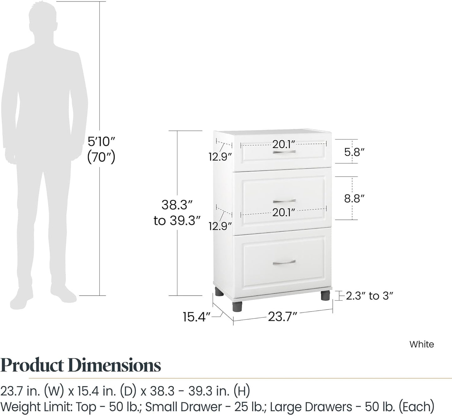 SystemBuild Evolution Kendall 24" 3 Drawer Base Cabinet - White