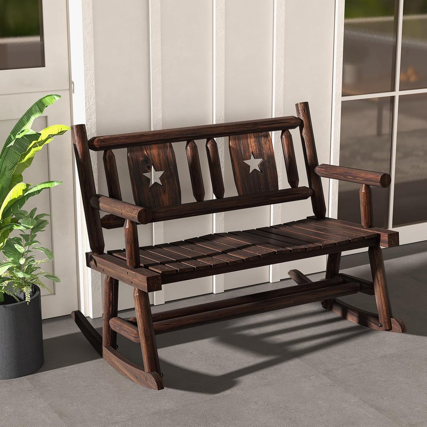 Garden Bench Rocking Bench Weatherproof Garden Swing Bench 2 Seater with Back and Armrests, Balcony Swing Bench Wood Carbonised Park Bench Swing Bench up to 320 kg Load Capacity 111 x 85 x 89