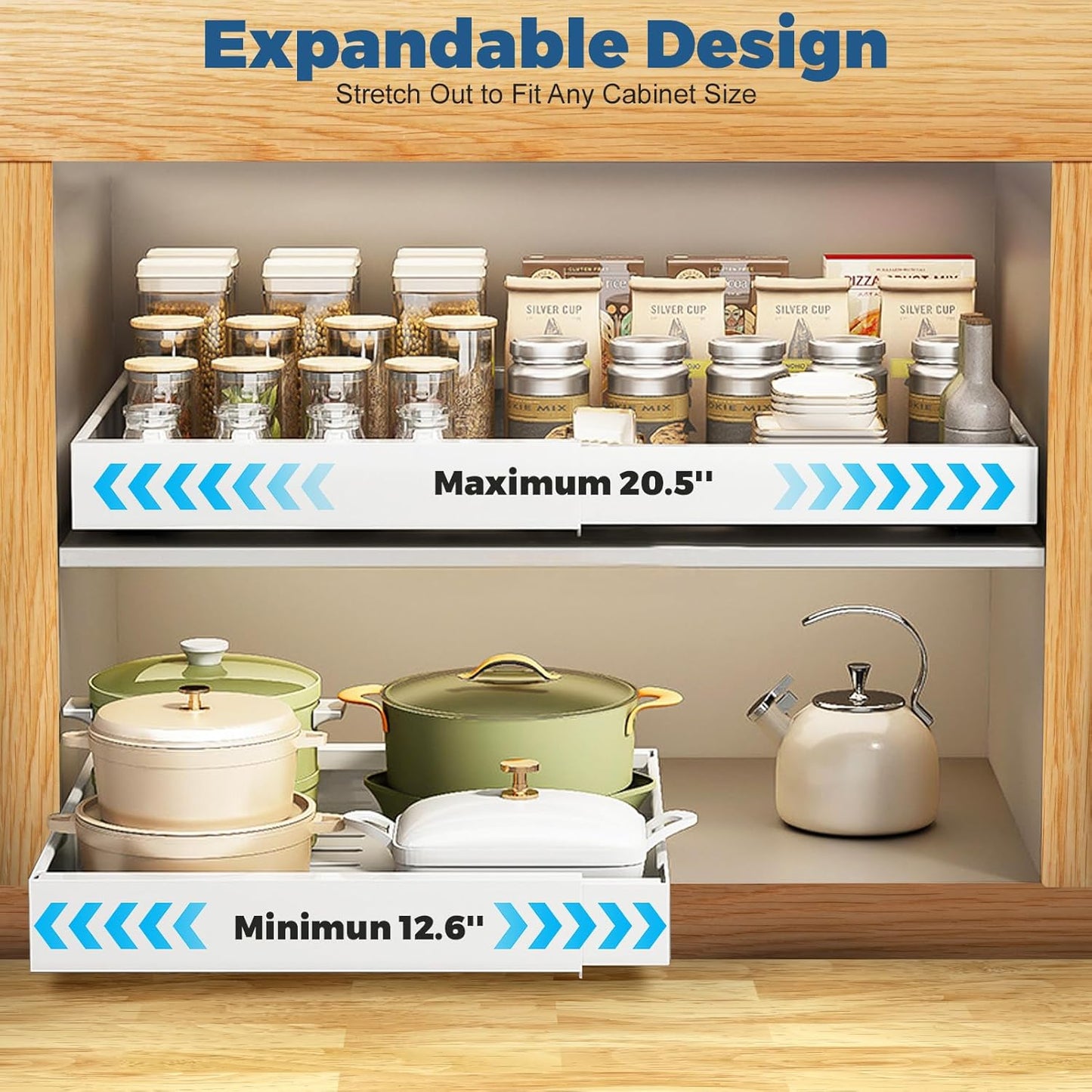 Pull Out Drawers for Cabinets, 2 Packs Expandable(12.6''-20.5'') Slide Out Shelves for Kitchen Cabinets, Pullout Cabinet Organizer with Adhesive Nano Film and Screws for Kitchen Cabinet Organization