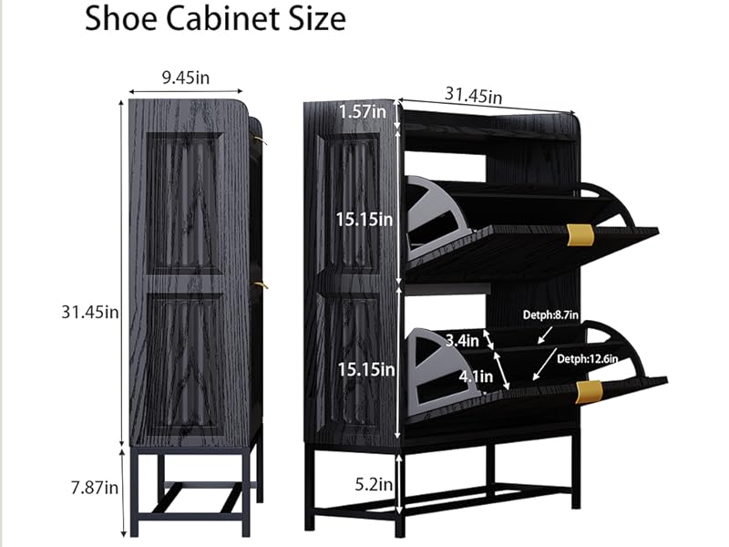 Shoe Storage Cabinet, Entryway Shoe Rack Cabinet with 2 Flip Drawers Metal Leg,Narrow/Slim/Wide Shoe Organizer Locker, 3-Sided Geometric Wavy Fluted Panel (Vintage Black, 31.5*9.5*40.0 Inch)