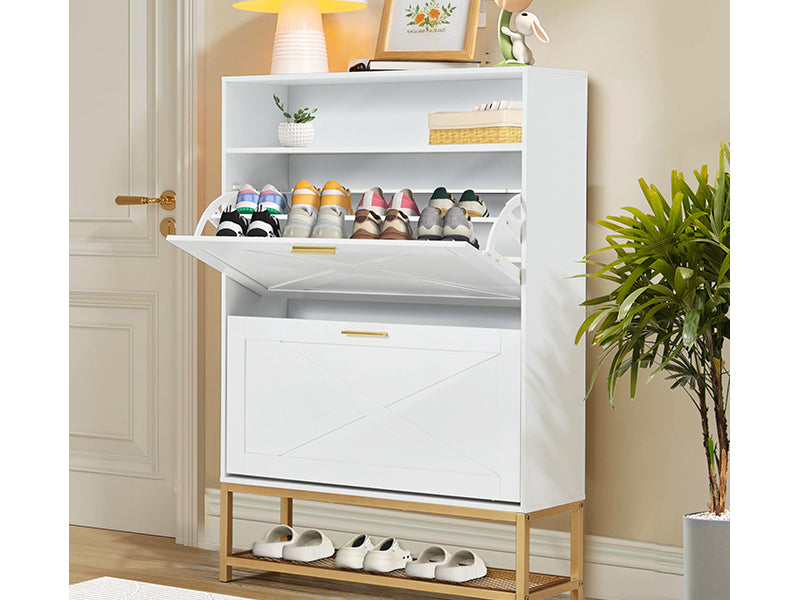 HOMREST Shoe Cabinet with 2 Flip Drawers,Freestanding Shoe Cabinet Organizer with Open Storage,Shoe Storage Cabinet for Entryway,Narrow Shoe Rack Cabinet with Metal Base, Beige