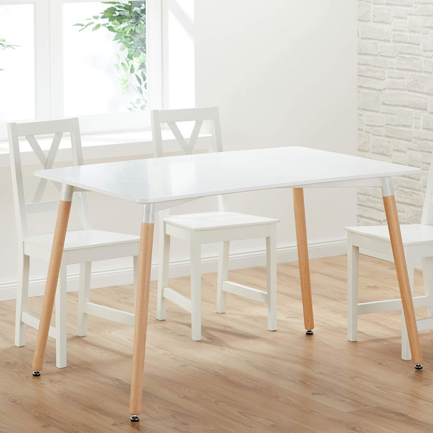 Dining Table Modern Kitchen Table 120 x 80 x 75 cm White MDF Table Top 4-6 People Wooden Legs Height Adjustable Beech